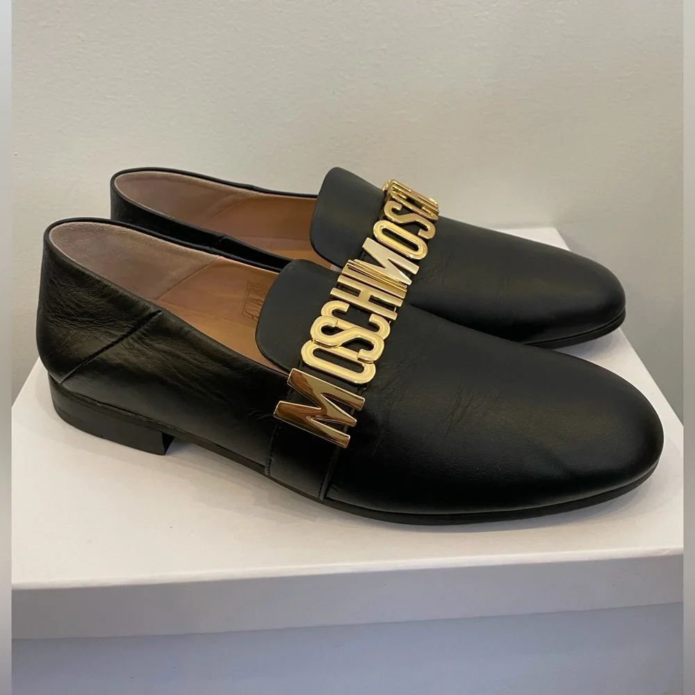 Moschino Logo Lettering Black Leather Loafers